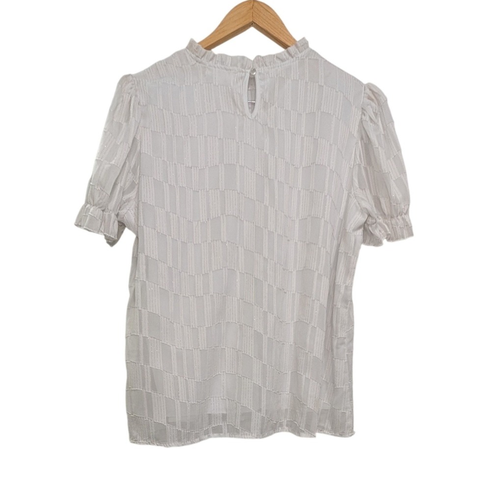 Shannon Ford New York Blouse White Ruffle Neck Puff Sleeve Textured - Large - Picture 3 of 7
